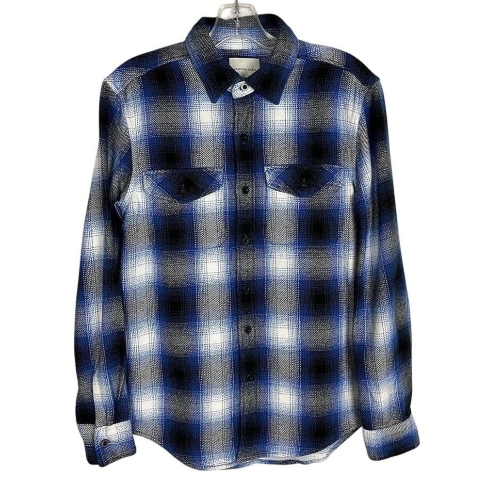 American Eagle Mens S Shirt Long Sleeve Flannel Button Up Classic Blue Cotton